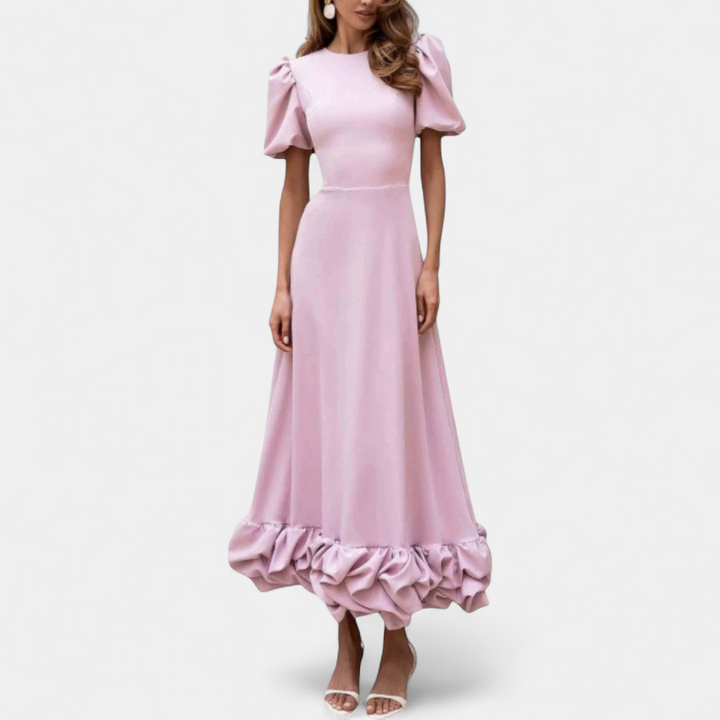 Women's Puff Sleeve Midi Dress, Round Neck Ruffle Hem Hourglass Fit