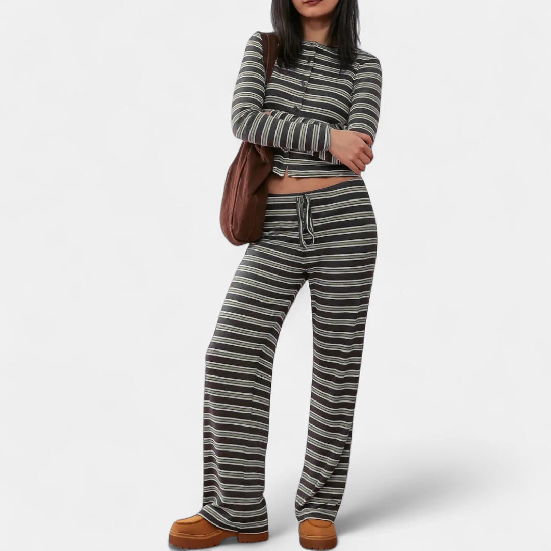 Women's Lounge Set, Stripe Wide Leg Stretchy High Neck