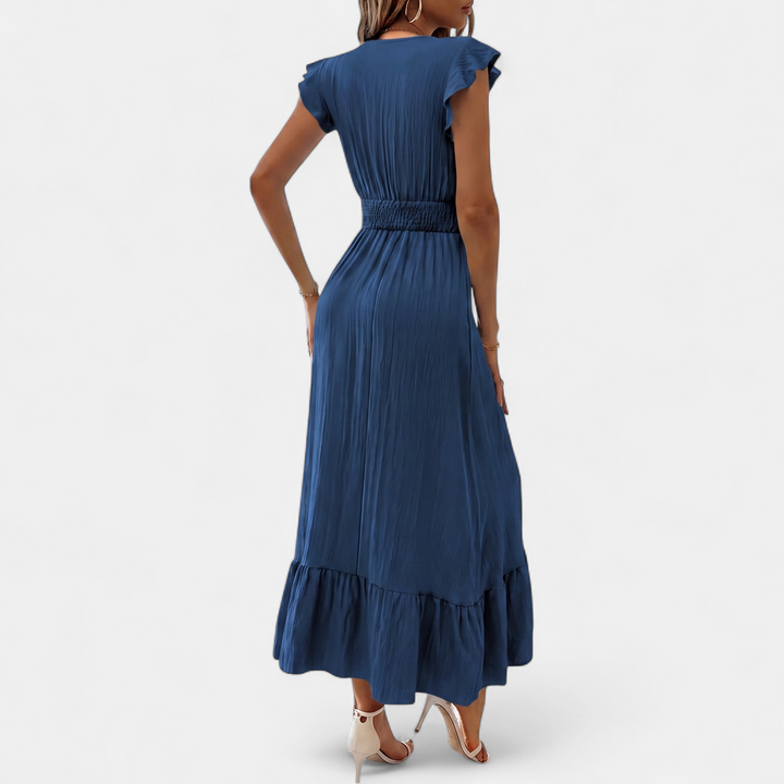 Women's Tiered Wrap Midi Dress, V Neck Ruffle Hem Smocked Waist