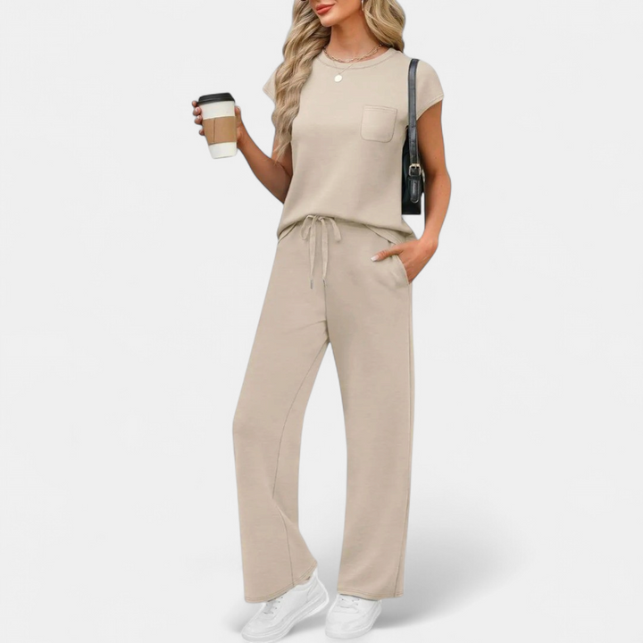 Women's Wide Leg Co Ord Loungewear Set, Relaxed Crew Neck