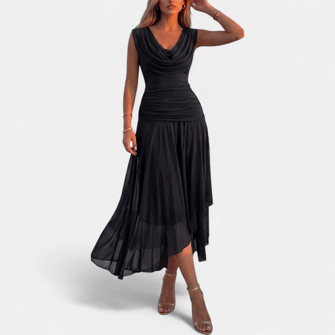 Women's Midi Cocktail Dress, Ruched Cowl Neck Sleeveless