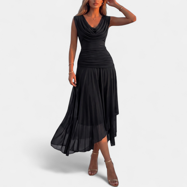 Women's Midi Cocktail Dress, Ruched Cowl Neck Sleeveless