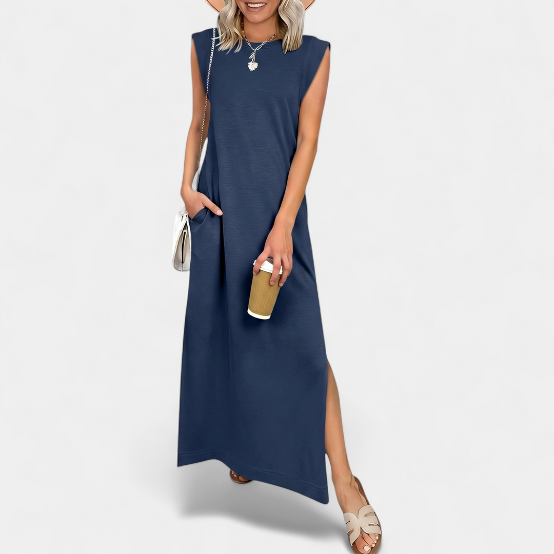 Women's Sleeveless Slit Maxi Dress, Crew Neck Side Pocket