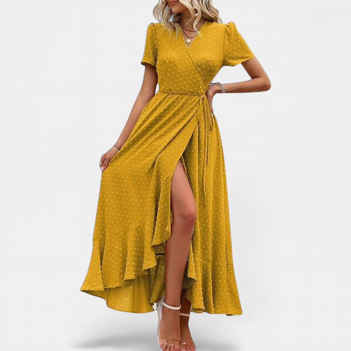 Women's Boho Wrap Maxi Dress, V Neck Slit Relaxed Pleated Hem