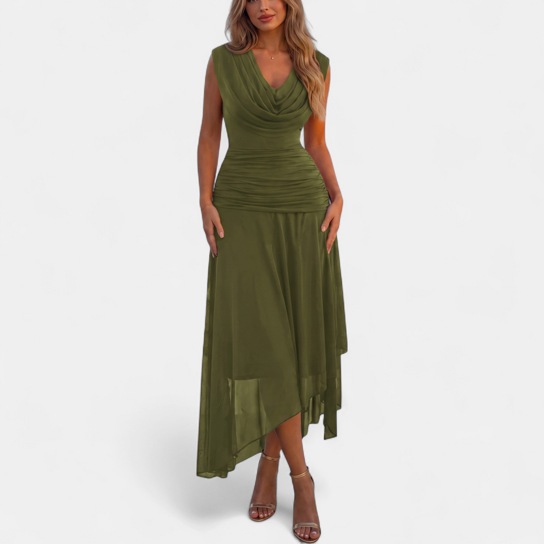 Women's Midi Cocktail Dress, Ruched Cowl Neck Sleeveless