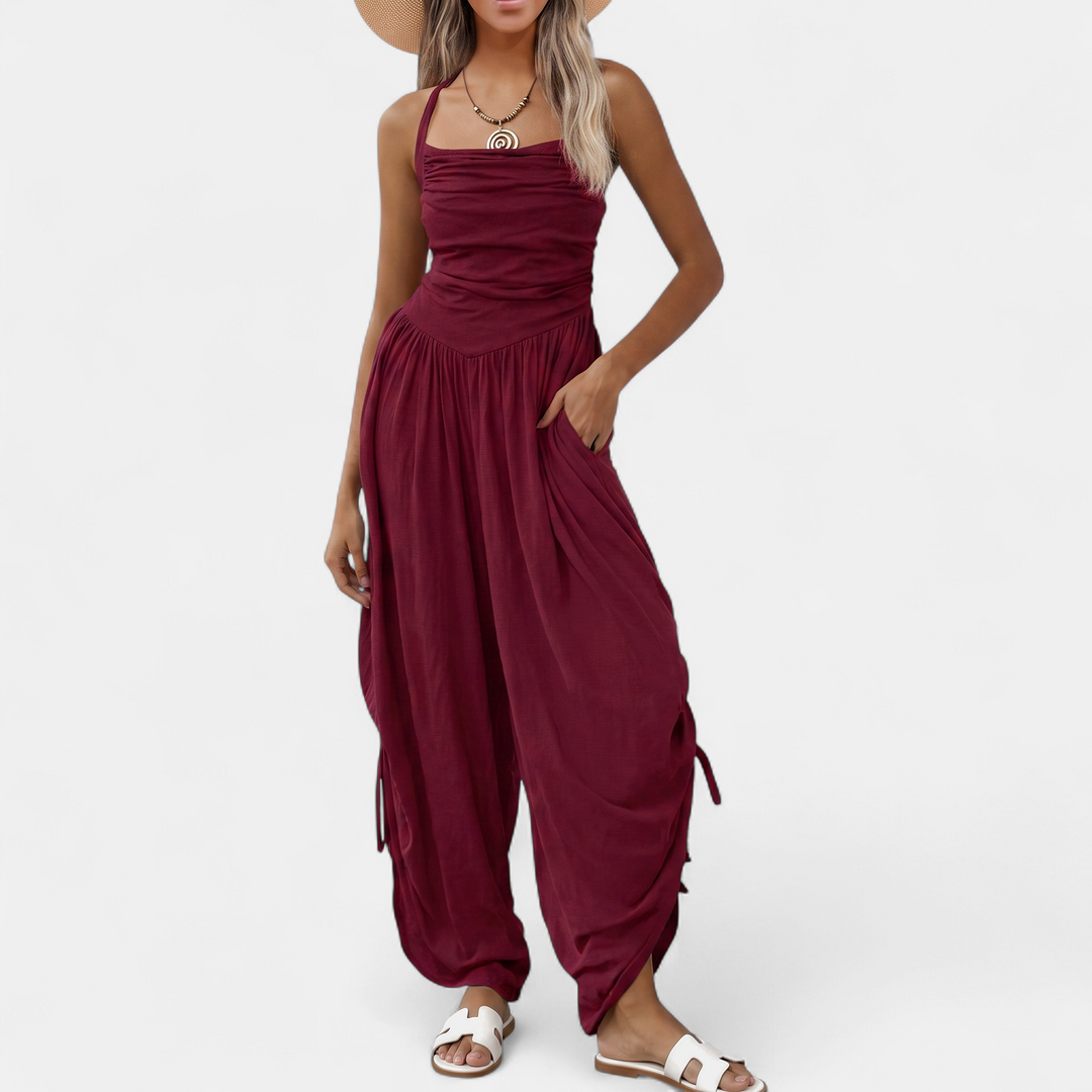 Women's Wide Leg Jumpsuit, Square Neck Ruched Side Pocket