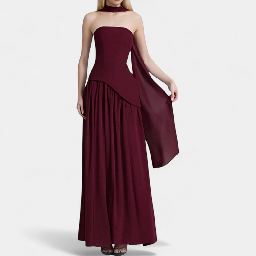Women's Strapless Corset Maxi Dress, Pleated Back Zip