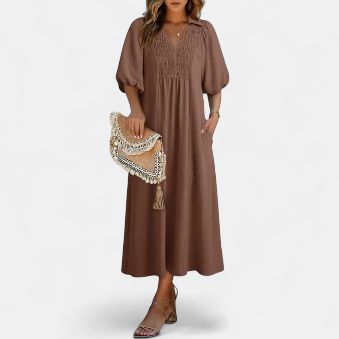 Women's Puff Sleeve V Neck Midi Dress, Collar Side Pocket