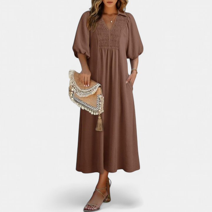 Women's Puff Sleeve V Neck Midi Dress, Collar Side Pocket