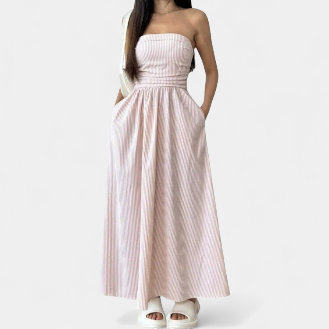 Women's Strapless Ruched Maxi Dress, Pinstripe Side Pocket A Line