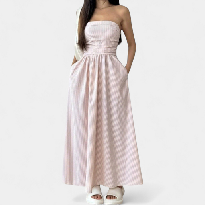 Women's Strapless Ruched Maxi Dress, Pinstripe Side Pocket A Line