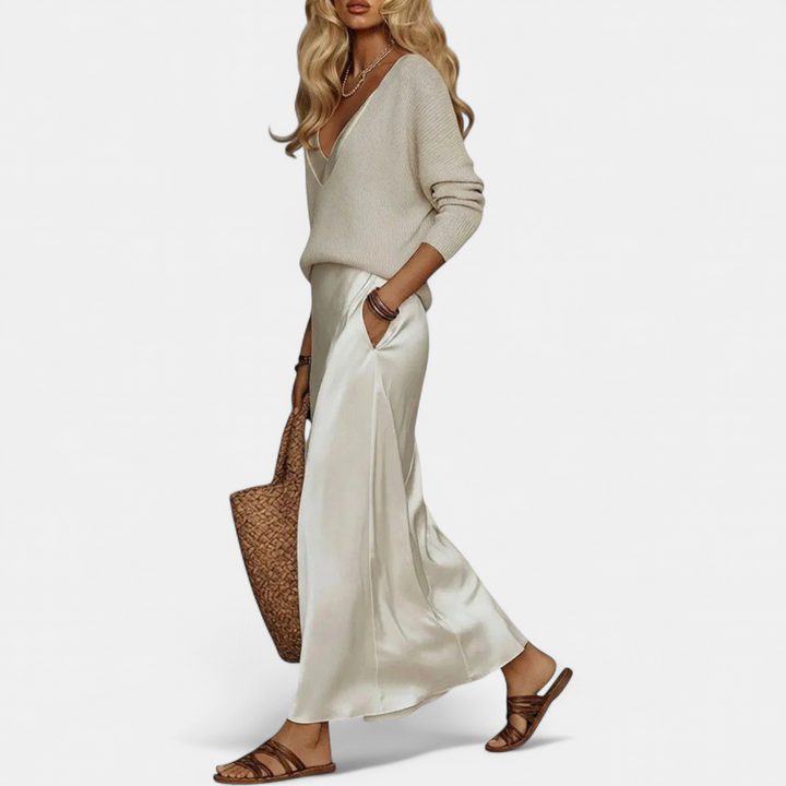 Women's Coord Set, Midi Satin Relaxed Ribbed Knit A Line