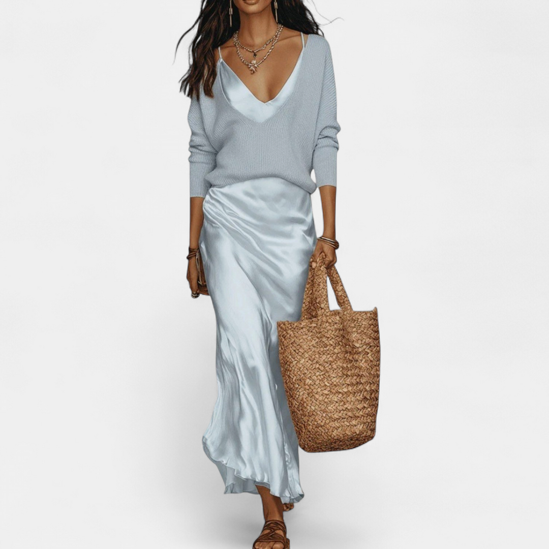 Women's Coord Set, Midi Satin Relaxed Ribbed Knit A Line