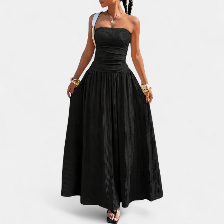 Women's Strapless Maxi Dress, Ruched Ribbed Stretch A Line