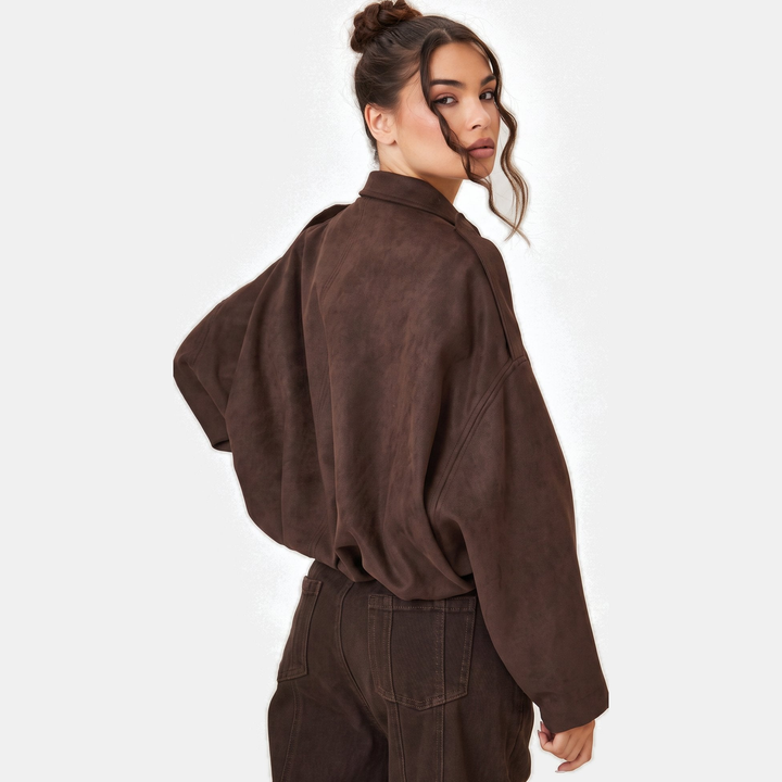 Women's Faux Suede Cropped Jacket, Zip Boxy Fit Long Sleeves