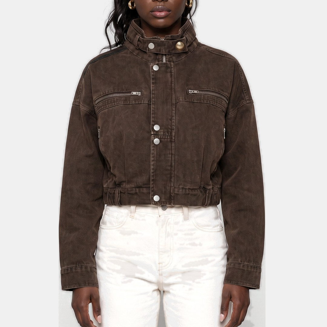 Women's Cropped Denim Jacket, Moto Style Stand Collar Button