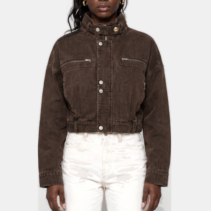 Women's Cropped Denim Jacket, Moto Style Stand Collar Button
