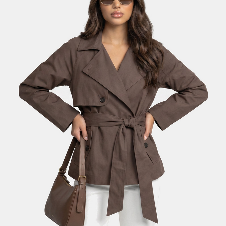 Women's Double Breasted Short Trench Coat, Cotton Twill