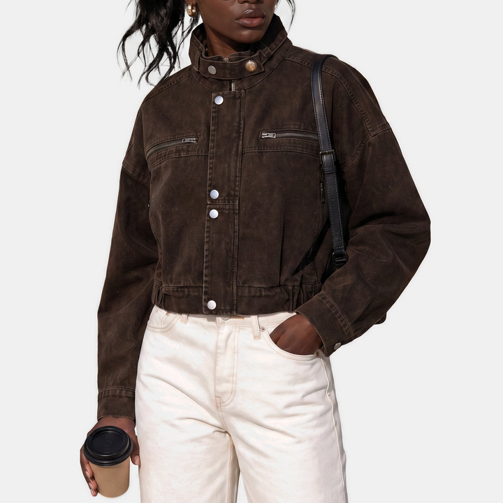Women's Cropped Denim Jacket, Moto Style Stand Collar Button