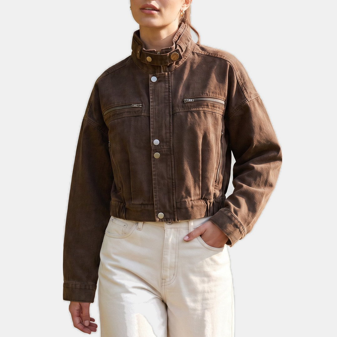 Women's Cropped Denim Jacket, Moto Style Stand Collar Button