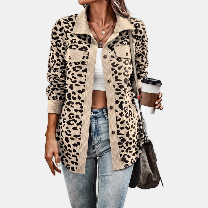 Women's Oversized Corduroy Shacket, Animal Print Long Sleeve