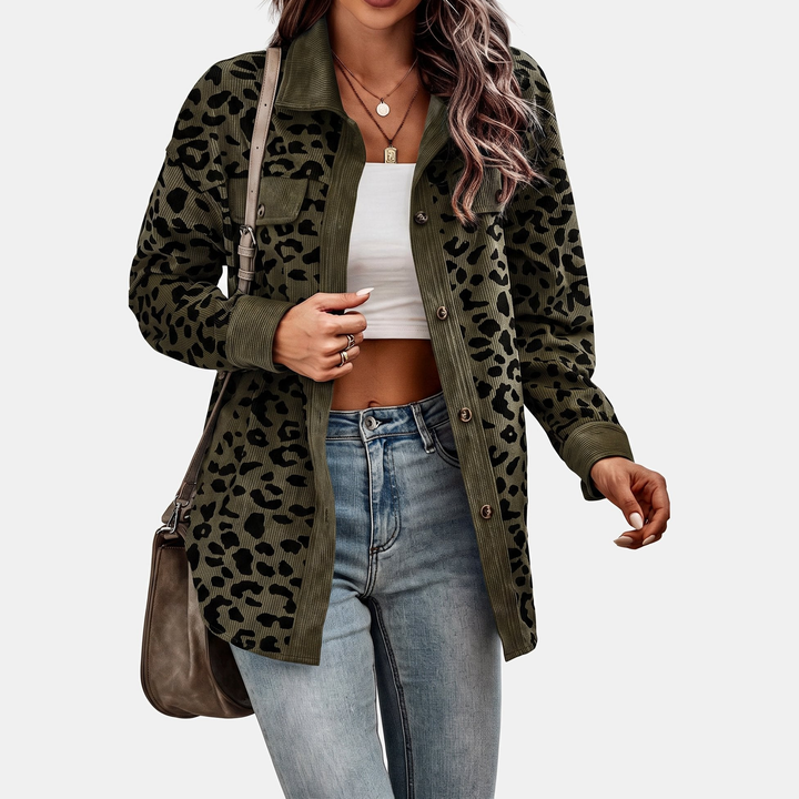 Women's Oversized Corduroy Shacket, Animal Print Long Sleeve