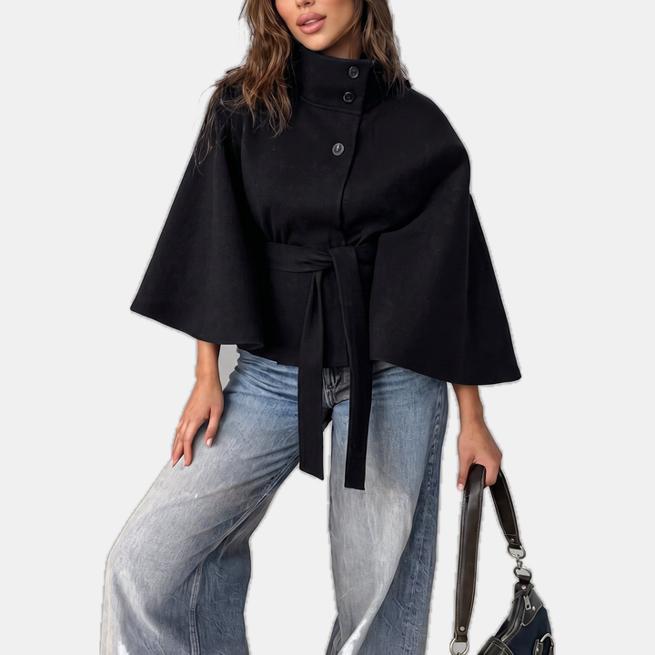 Women's Short Wool Coat, Cape Style High Collar Button Front