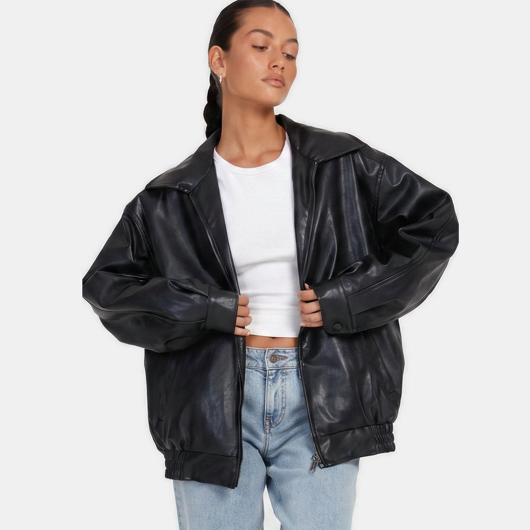 Women's Oversized Faux Leather Jacket, Hip Length Spread Collar