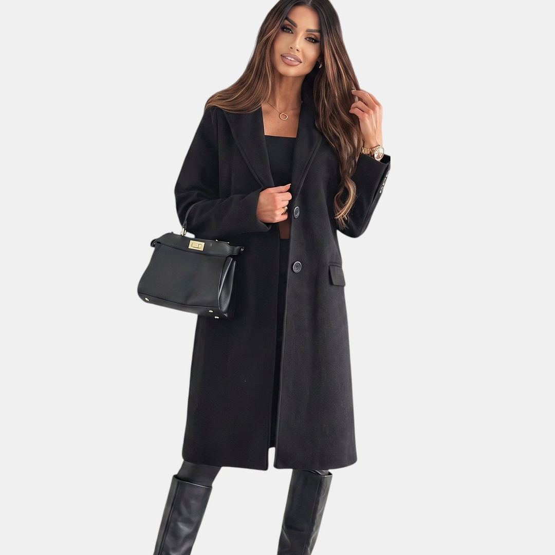 Women's Double Breasted Long Wool Coat, Button Cuffs
