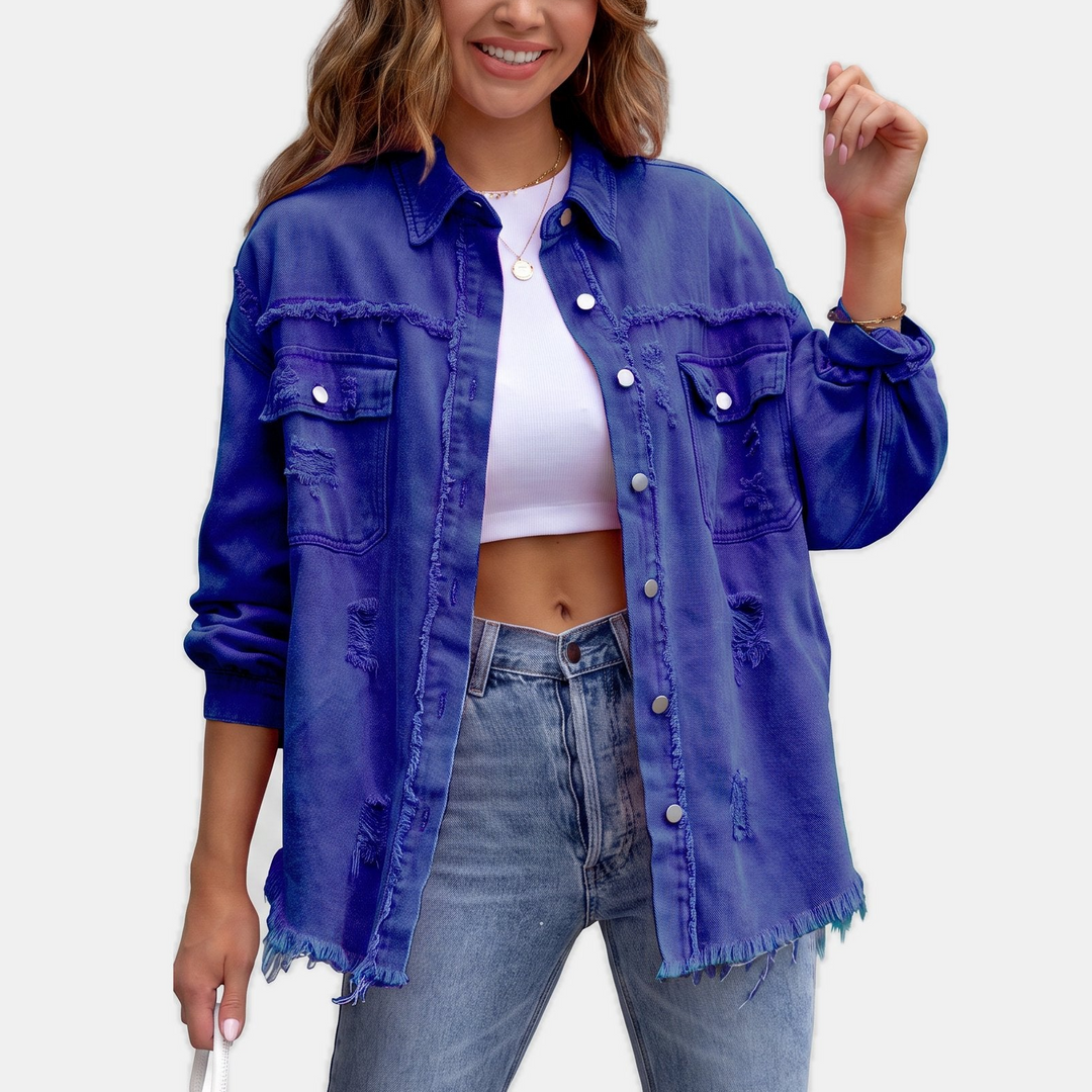 Women's Distressed Oversized Denim Jacket, Hip Length