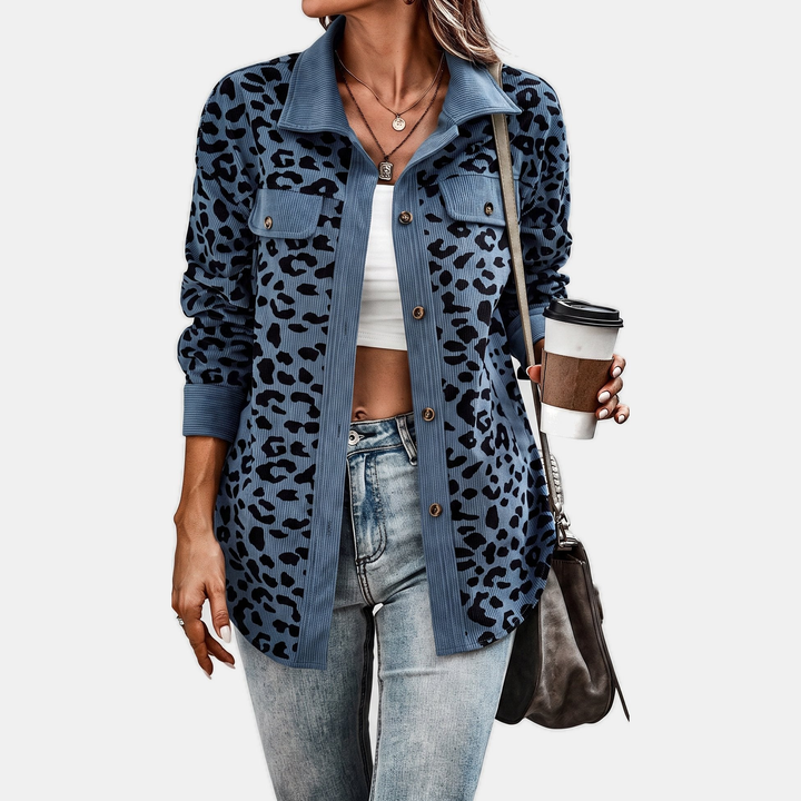 Women's Oversized Corduroy Shacket, Animal Print Long Sleeve