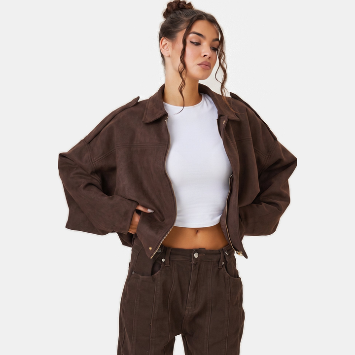 Women's Faux Suede Cropped Jacket, Zip Boxy Fit Long Sleeves