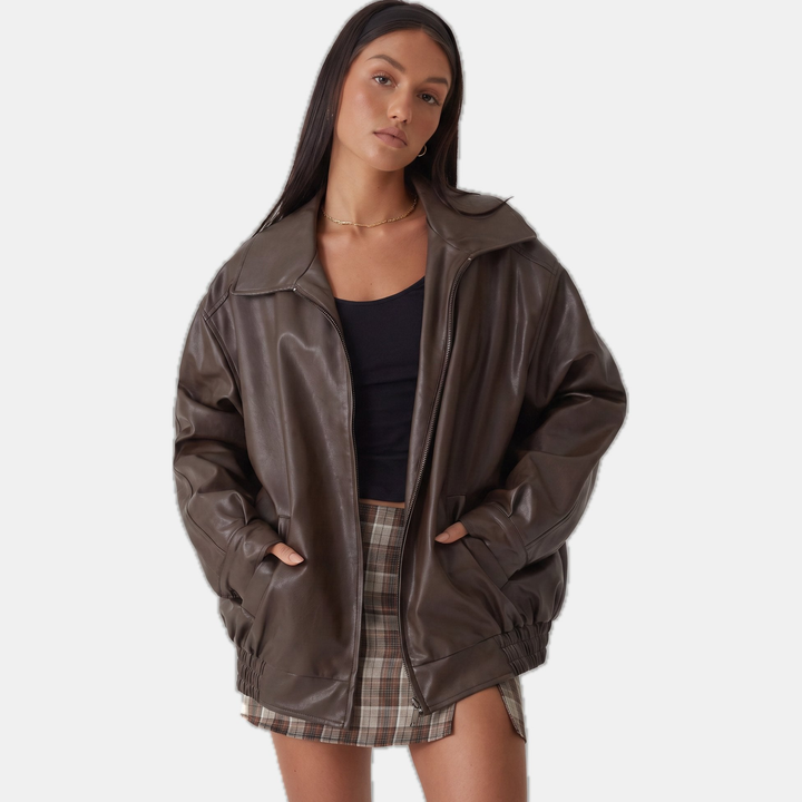 Women's Oversized Faux Leather Jacket, Hip Length Spread Collar