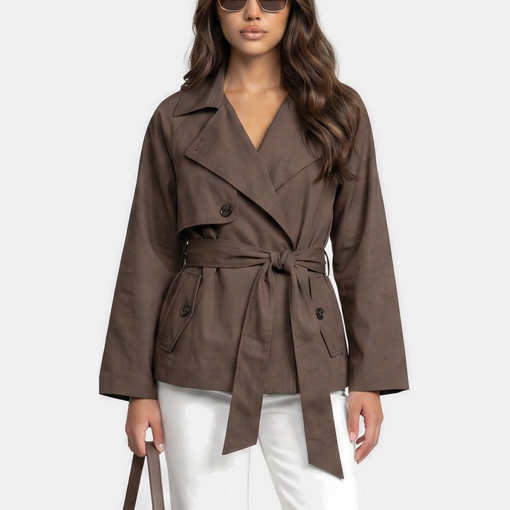 Women's Double Breasted Short Trench Coat, Cotton Twill