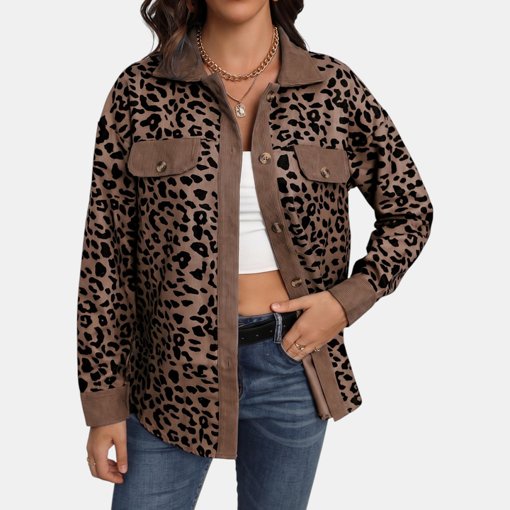 Women's Oversized Corduroy Shacket, Animal Print Long Sleeve