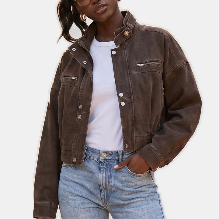 Women's Cropped Denim Jacket, Moto Style Stand Collar Button