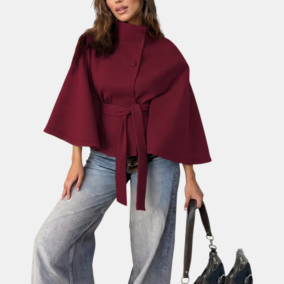 Women's Short Wool Coat, Cape Style High Collar Button Front