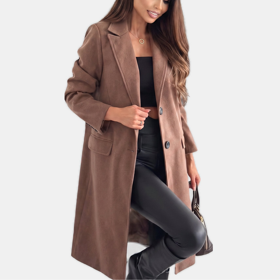 Women's Double Breasted Long Wool Coat, Button Cuffs