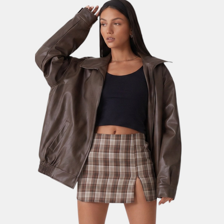 Women's Oversized Faux Leather Jacket, Hip Length Spread Collar