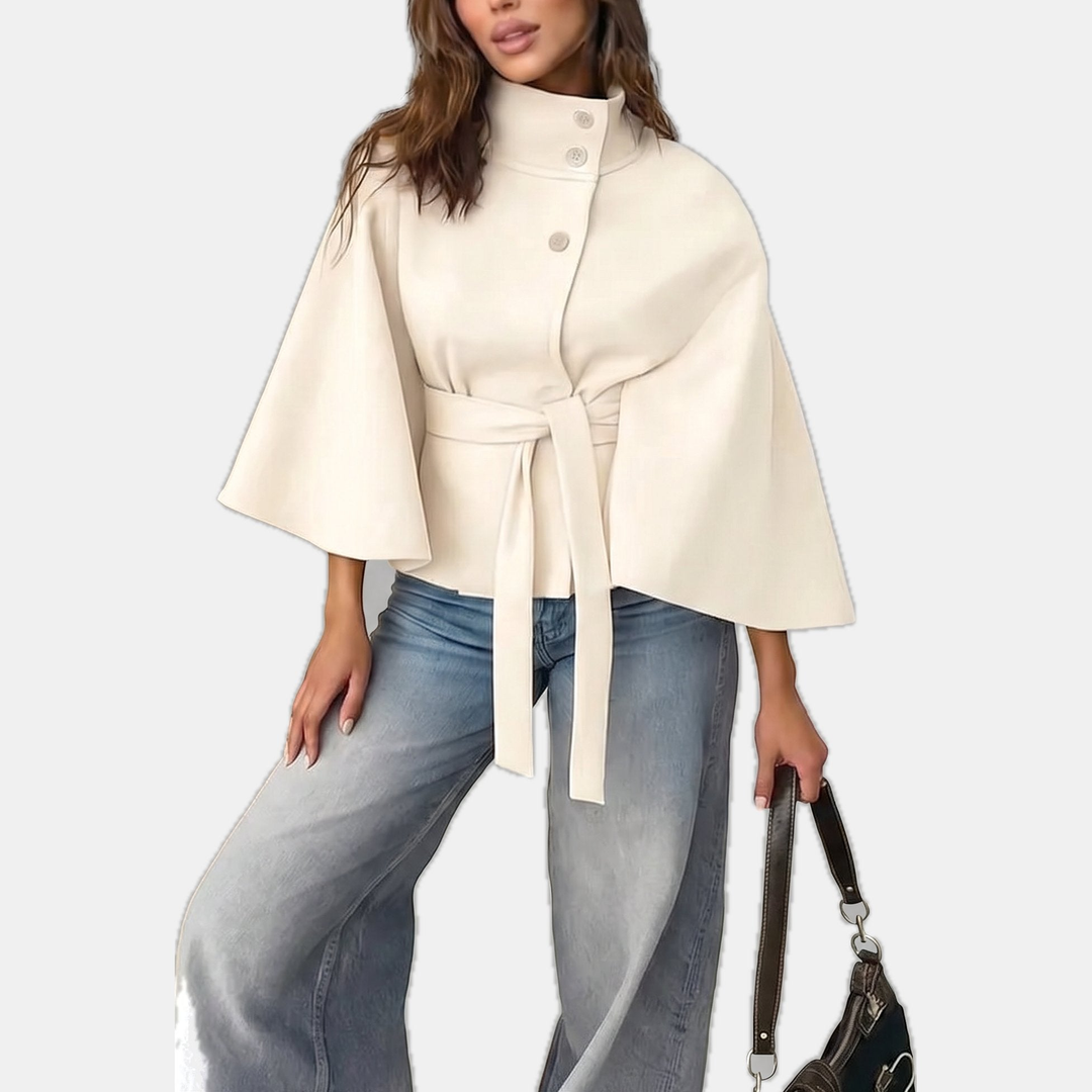 Women's Short Wool Coat, Cape Style High Collar Button Front