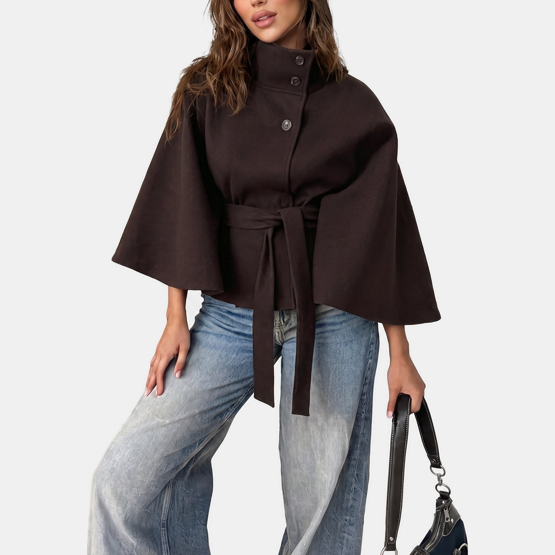 Women's Short Wool Coat, Cape Style High Collar Button Front