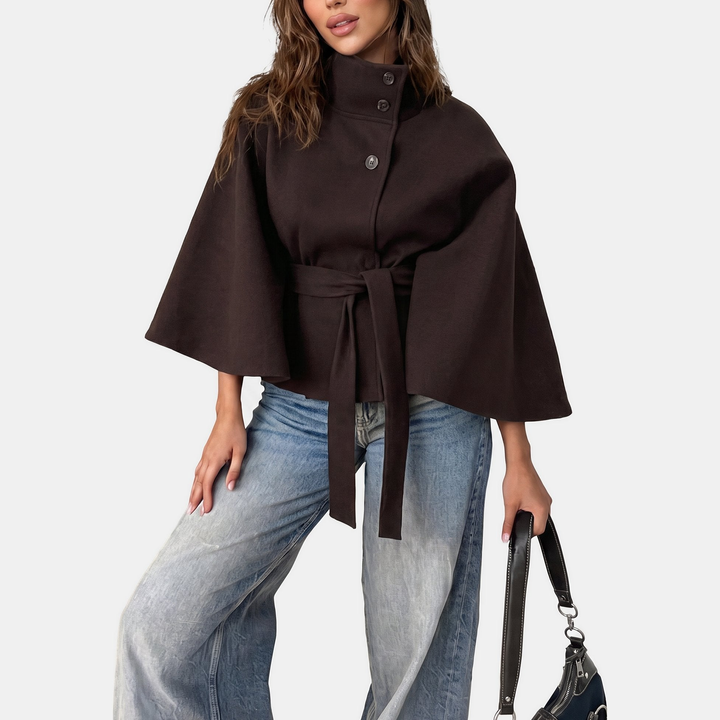 Women's Short Wool Coat, Cape Style High Collar Button Front