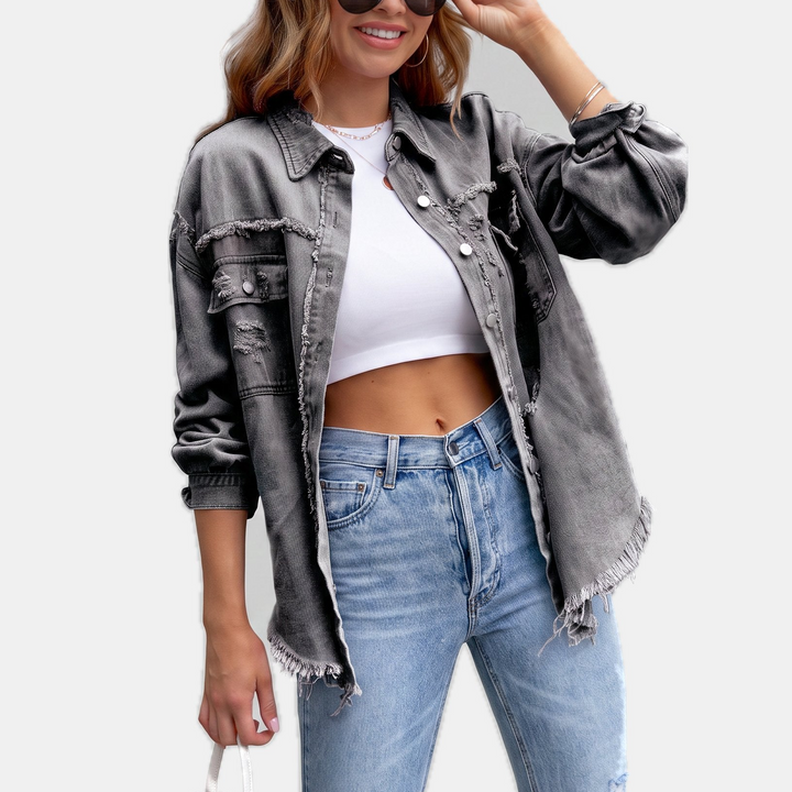 Women's Distressed Oversized Denim Jacket, Hip Length