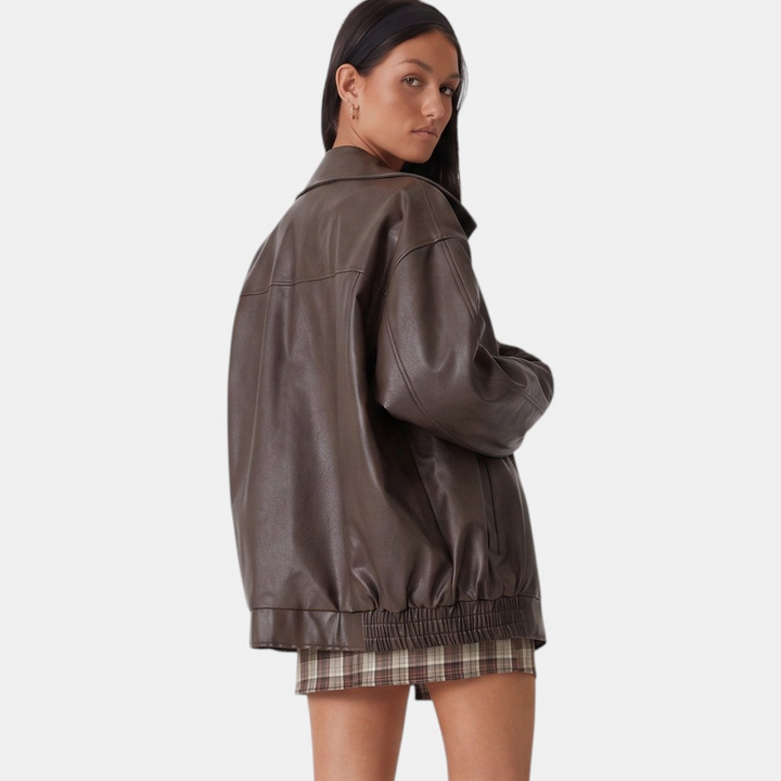 Women's Oversized Faux Leather Jacket, Hip Length Spread Collar