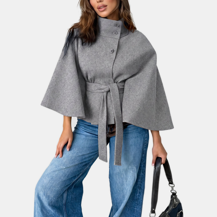 Women's Short Wool Coat, Cape Style High Collar Button Front