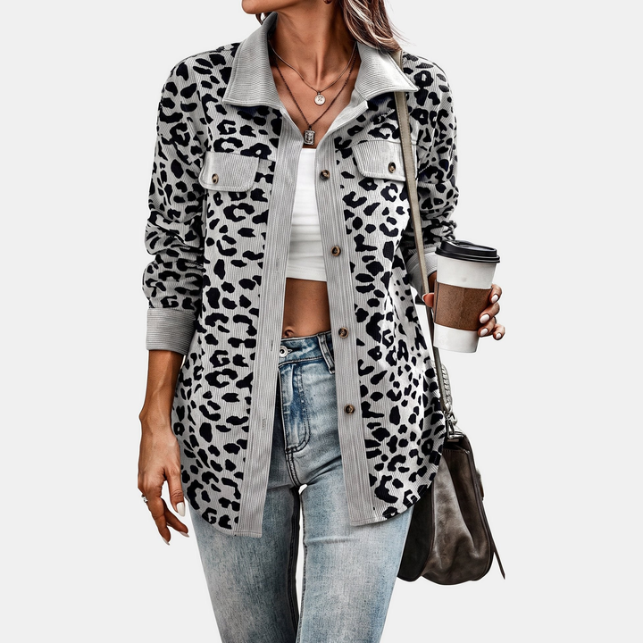 Women's Oversized Corduroy Shacket, Animal Print Long Sleeve