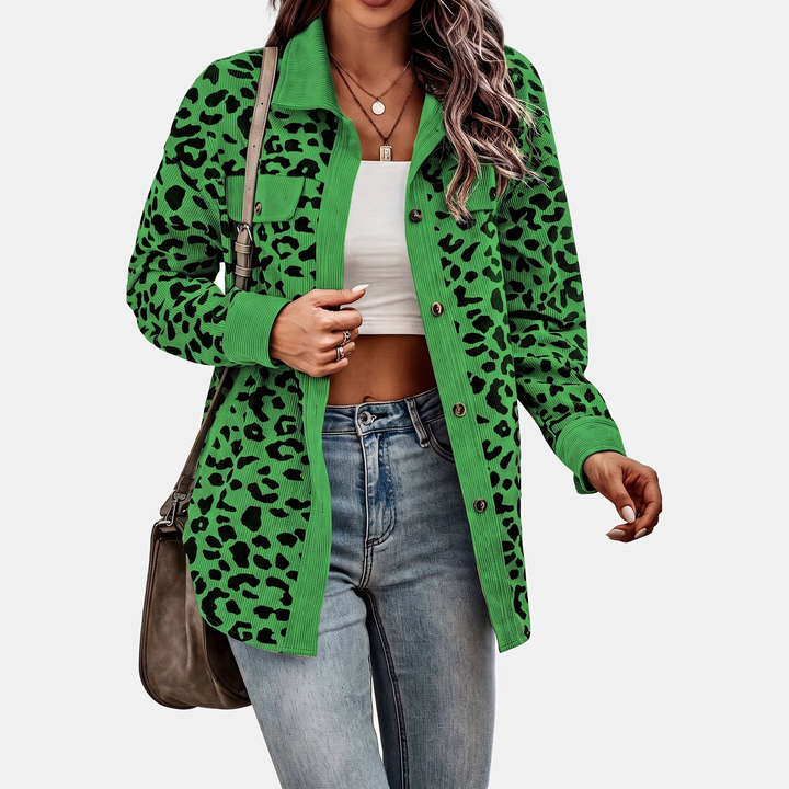 Women's Oversized Corduroy Shacket, Animal Print Long Sleeve