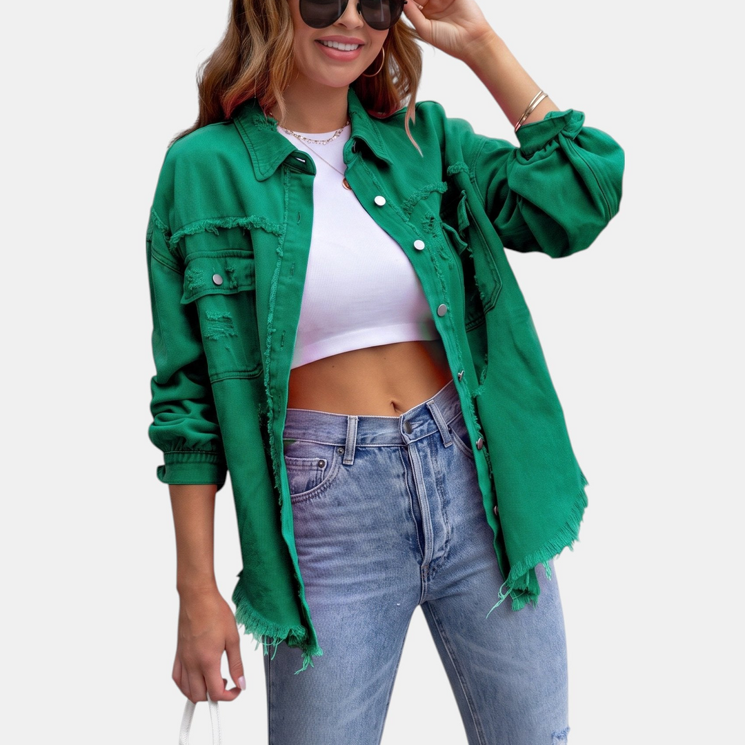 Women's Distressed Oversized Denim Jacket, Hip Length