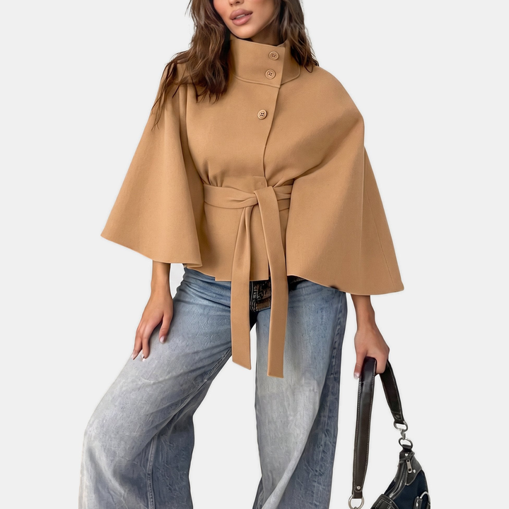 Women's Short Wool Coat, Cape Style High Collar Button Front