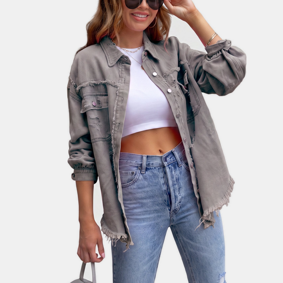 Women's Distressed Oversized Denim Jacket, Hip Length